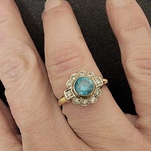 1920s Aqumarine ans Diamond Flower Ring Set In 18k Yellow Gold